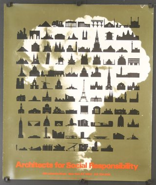 a poster with many silhouettes of buildings