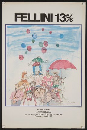 a poster with a group of people and balloons