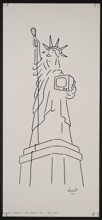 a drawing of a statue holding a tv
