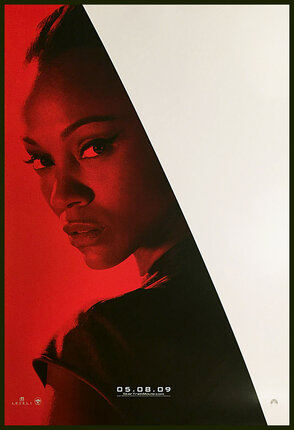 a woman's face in a red and white poster