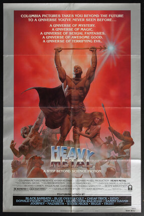 movie poster with an illustration of a muscle man holding a glowing staff with a scantily clad woman embracing his leg and warriors attacking him
