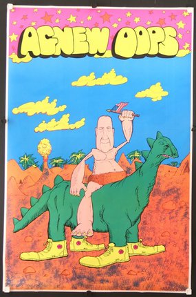 a poster with a cartoon of a man riding a dinosaur