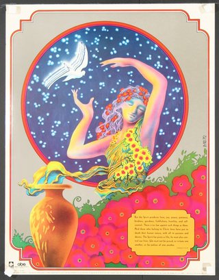 a poster of a woman with flowers and a bird