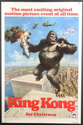 a poster of a gorilla on top of a building