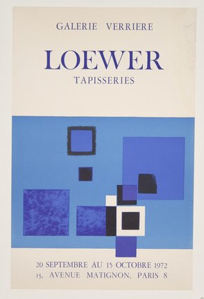 a poster with blue squares and white text