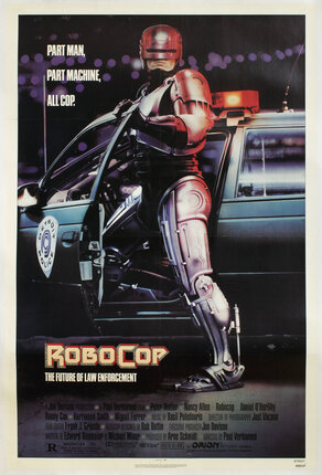 a poster of a cyborg opening a police car door