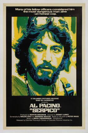 movie poster with a solarized portrait of Al Pacino with a beard as Frank Serpico.