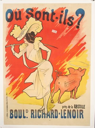 a poster of a woman with a pig