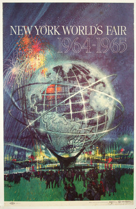 a poster with a globe and fireworks