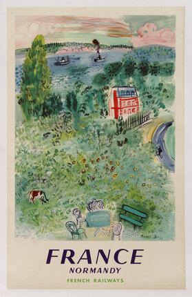 a painting of a garden with a red house and a boat