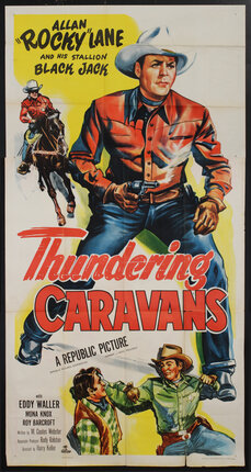 a poster of a cowboy holding a gun, a cowboy on horseback, and two men fighting