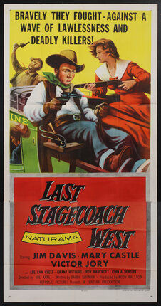movie poster with a man and woman on a stagecoach both shooting guns
