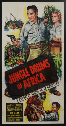 a movie poster of a man holding a gun in a jungle and a woman behind him also holding a gun
