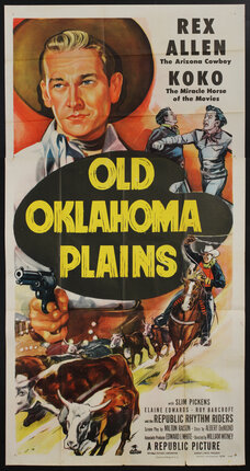 a poster with a man in cowboy hat holding a gun and a man wrangling cows
