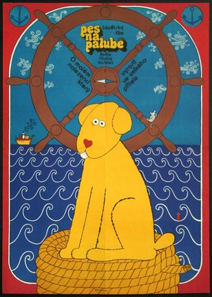 a poster of a dog sitting on a boat wheel