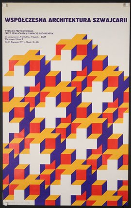 a poster with colorful squares and white text