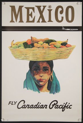 a sign with a woman holding a basket of vegetables on her head