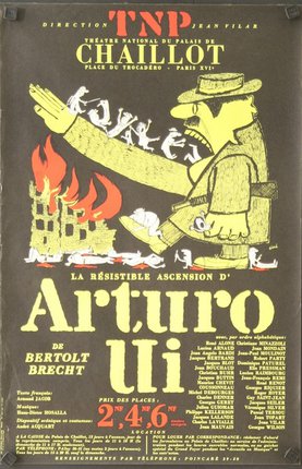 a poster of a cartoon Hitler invading a burning city