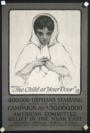 a poster of a child begging for donations