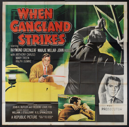 a movie poster with a man shooting a gun across a table at another man who is holding up a chair
