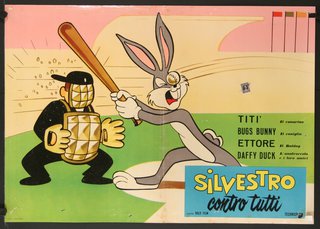 a cartoon rabbit holding a bat and a baseball player