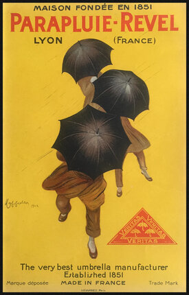 a poster with a couple of people holding umbrellas