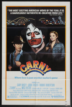 a movie poster with a man with a clown painted face and two people to the side of him and a carnival in the distance