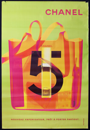 a poster of a bag with a bottle of perfume and a large number