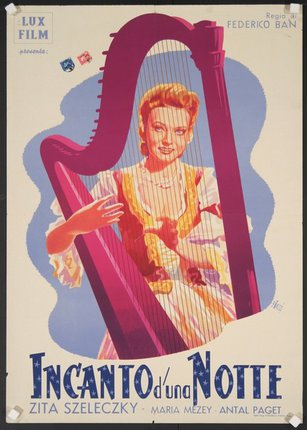 a poster of a woman playing a harp