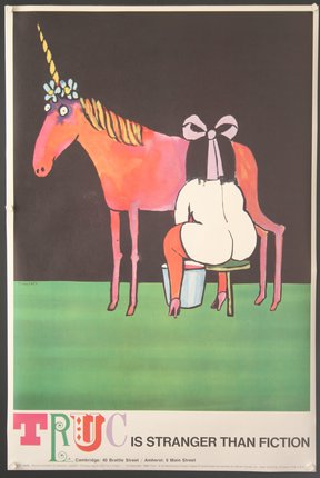 a poster of a woman sitting on a stool with a horse
