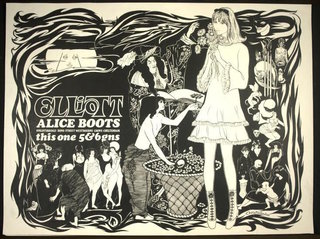 a black and white poster with a woman in a dress