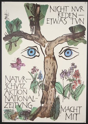 a poster with a tree and eyes