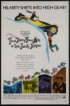 movie poster with a woman driving a 1920s car off a cliff with a man hanging from the wheel and movie production stills at the bottom