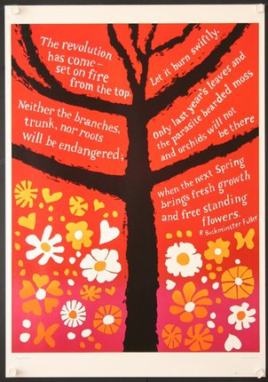 a poster with a tree and flowers