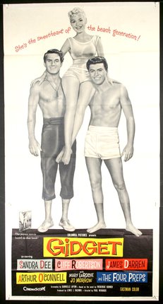 a poster of men in swimsuits with Lucy the Elephant in the background