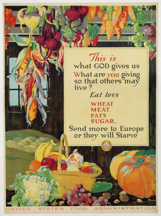 a poster with vegetables and fruit in a wooden interior