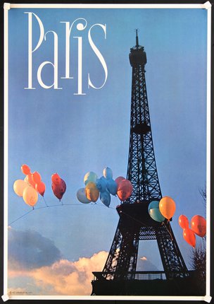 a poster with a tower and balloons