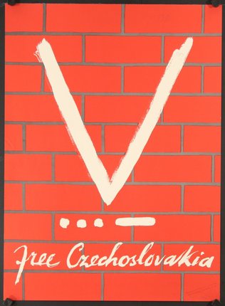 a poster with a white v and a brick wall