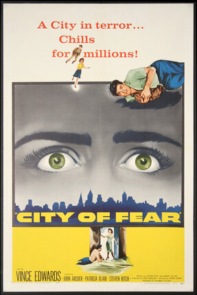 a movie poster with a terrified pair of eyes looking of a city skyline and smaller vignettes of men and women.