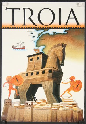 a poster with a wooden horse and a map