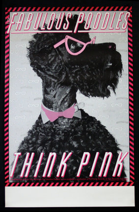 a black dog wearing pink glasses and bow tie
