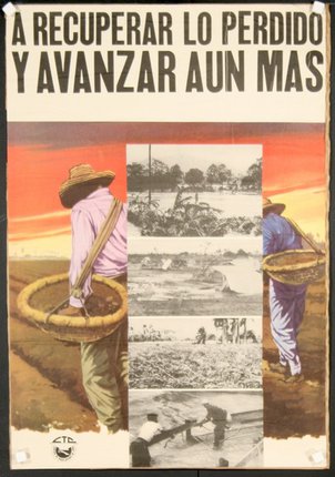 a poster with a man carrying baskets