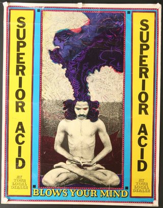 a poster with a man sitting in a lotus position