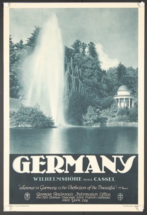 a poster of a waterfall in front of a building