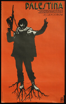 a poster of a man holding a weapon and a peace sign