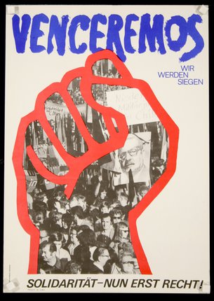 a poster with a fist and people in the background