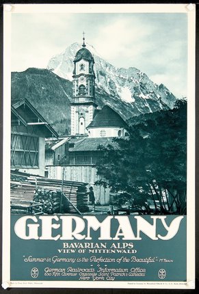 a poster with a building and a mountain in the background