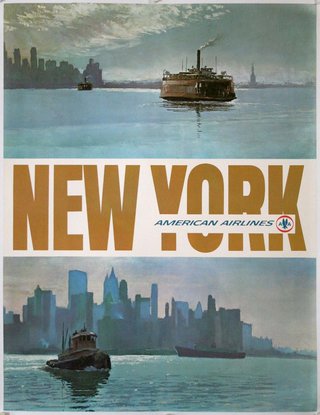 a poster of a city and ships