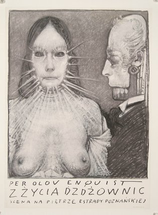 a drawing of a woman with a man in a suit