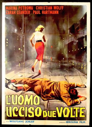 a poster of a man lying on the ground with a woman walking